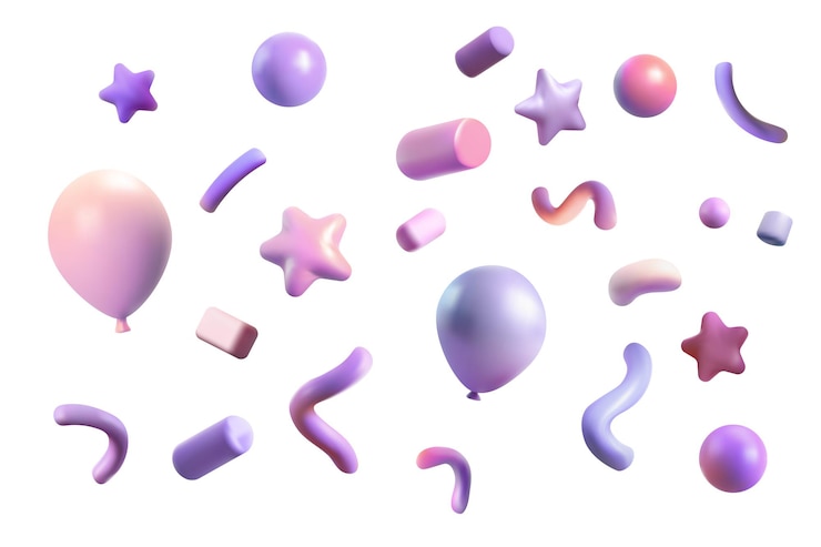 Vector 파티 클래퍼, 콘페티, 3d 터 모양의 풍선, 생일 또는 카니발 불꽃놀이, 팝퍼, 종이 스트리머, 스타 및 인사 디자인의 요소, 파스텔 보라색