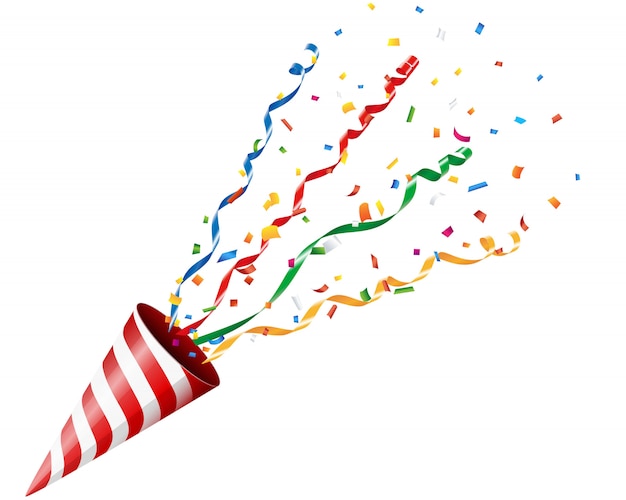 Vector party cracker with confetti and streamer on white background