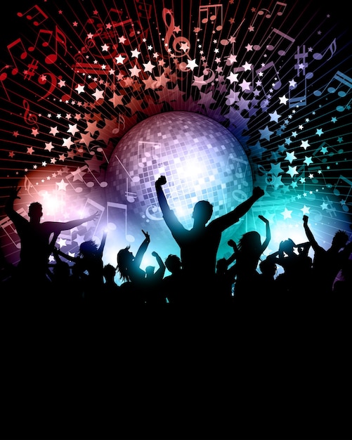 Vector party crowd background with music notes and mirror ball