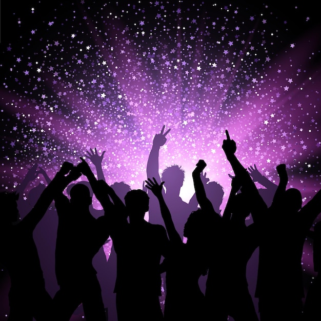 Festa folla su stelle viola sullo sfondo