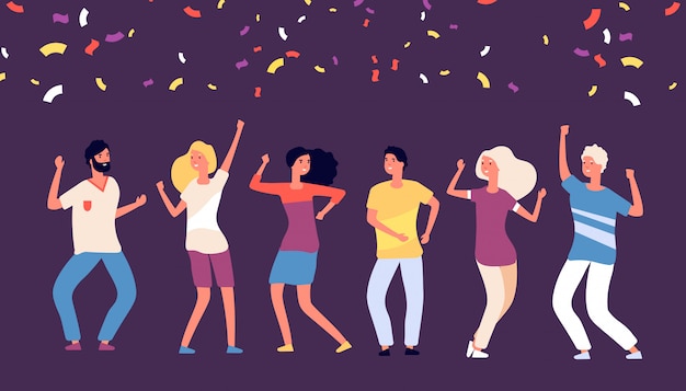 Party dancers. Happy young persons dance, celebrate on corporate holiday, joyful woman man dances with falling confetti  concept