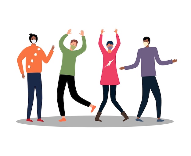 Vector party of dancing masked men and women flat vector illustration