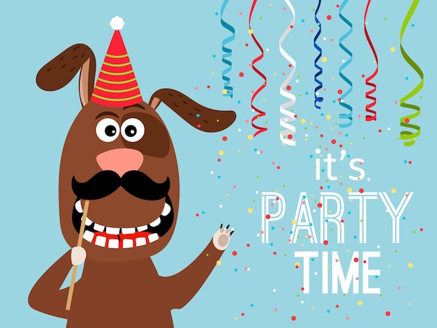 Vector party dog card. party time poster with funny dog with mustache and hat, with serpentine and confetti vector illustration