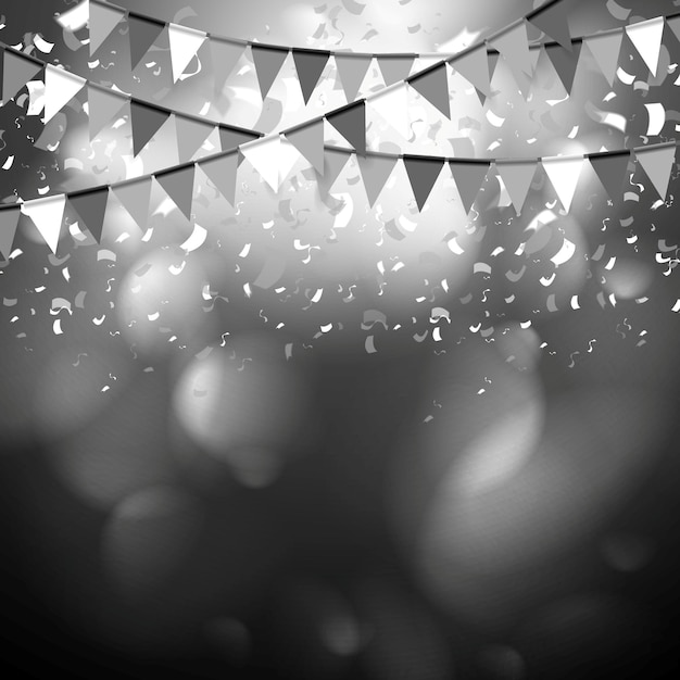 Party flags celebrate abstract background with confetti. Vector dark design