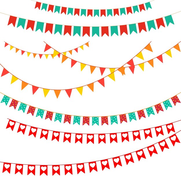 Party flags vector set Colorful bunting and garlands Celebration birthday holiday fun anniversary decorative for halloween Thanksgiving and christmas or new year