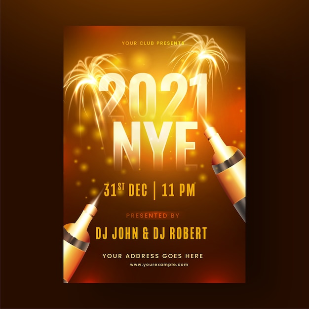 Party flyer design with champagne bottles on fireworks background.