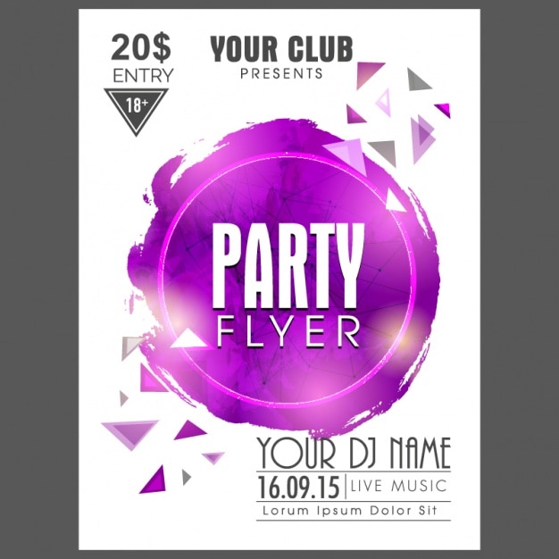 Vector party flyer with purple circle and triangles