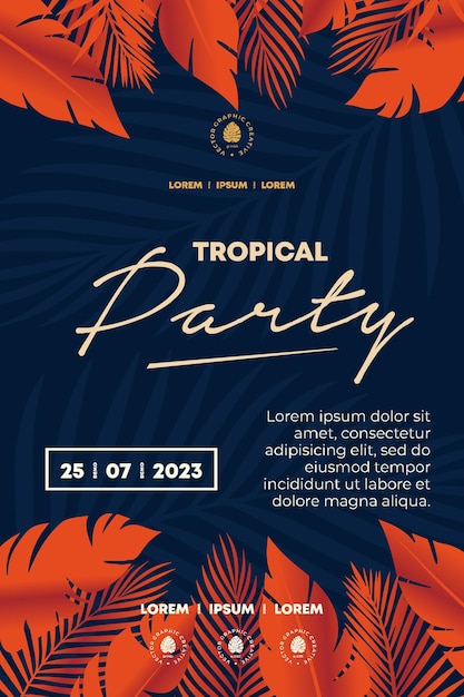 Vector party flyer with tropical leaves themed background