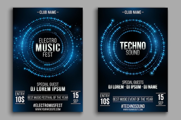 Progettazione di volantini per feste per il tuo evento musicale cerchi futuristici con punti luminosi modelli di poster per club invito a un evento musicale illustrazione vettoriale eps 10