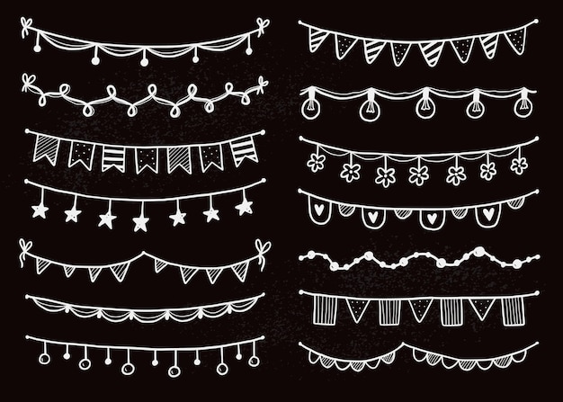 Party garland set with flag, bunting, pennant on chalkboard. Hand drawn sketch doodle style garland. Vector illustration for birthday, festival, carnival drawn decoration.