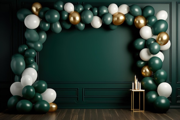 Вечеринка глянцевый праздничный фон с воздушными шарами, золотой рамкой и конфетти.