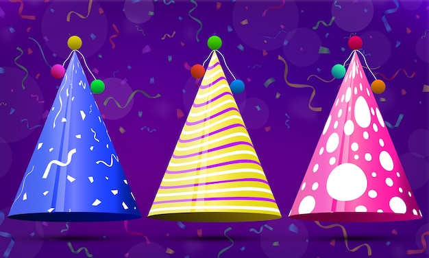 Party hat set on colourful background. birthday. fun decoration. colorful surprise costume