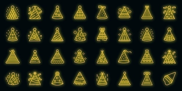 Party hats icons set. Outline set of party hats vector icons neon color on black