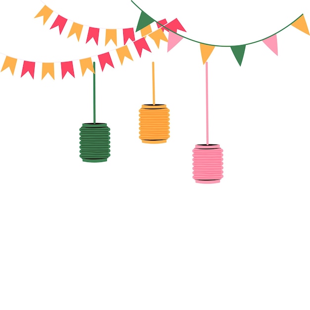 Party holiday flags garlands with lanterns flat vector illustration isolated