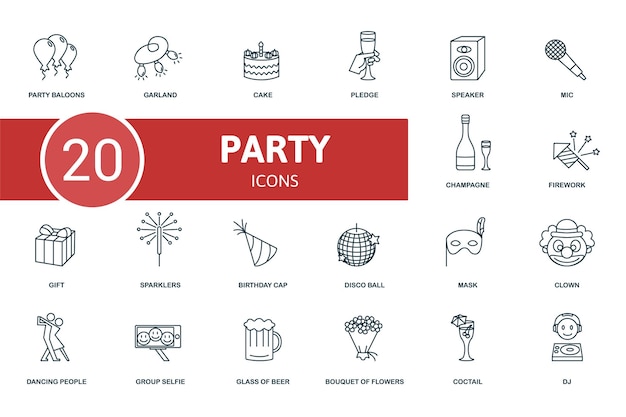 Набор значков вечеринки содержит редактируемые значки темы вечеринки, такие как