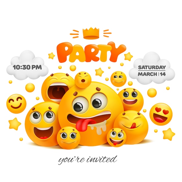 Vector party invitation card template with group of emoji characters.