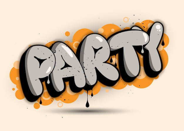 Party lettering in bubble graffiti style with drips drops and spray effect