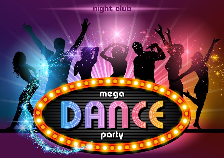 Vector party people achtergrond met neon sign mega dance party