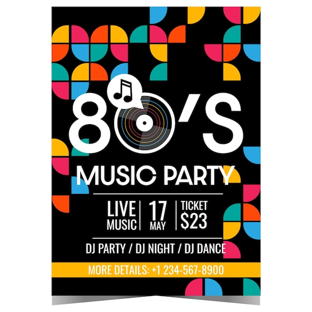 Party poster for techno retro music event with 80's retro style design template