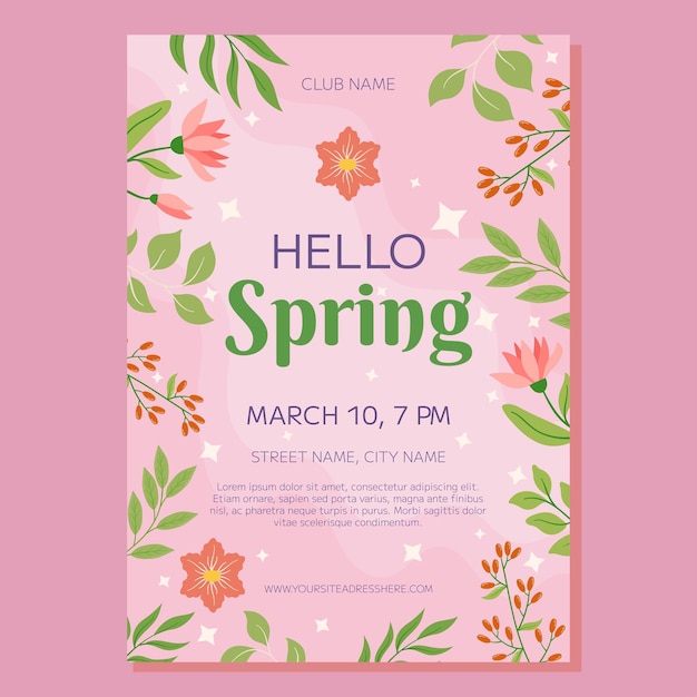 Vector party poster template with pink flowers and green leaves framing a pink background