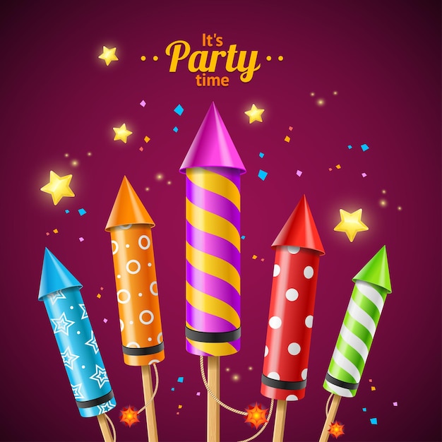 Party Rocket Fireworks Flyer Card voor gebruik op vakantie. vector illustratie