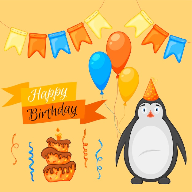 Party set met pinguïn en kleurrijke items op een witte achtergrond. Inscriptie "Happy Birthday". Veelkleurig. Vector.