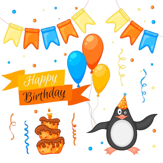 Party set met pinguïn en kleurrijke items op een witte achtergrond. Inscriptie "Happy Birthday". Veelkleurig. Vector.