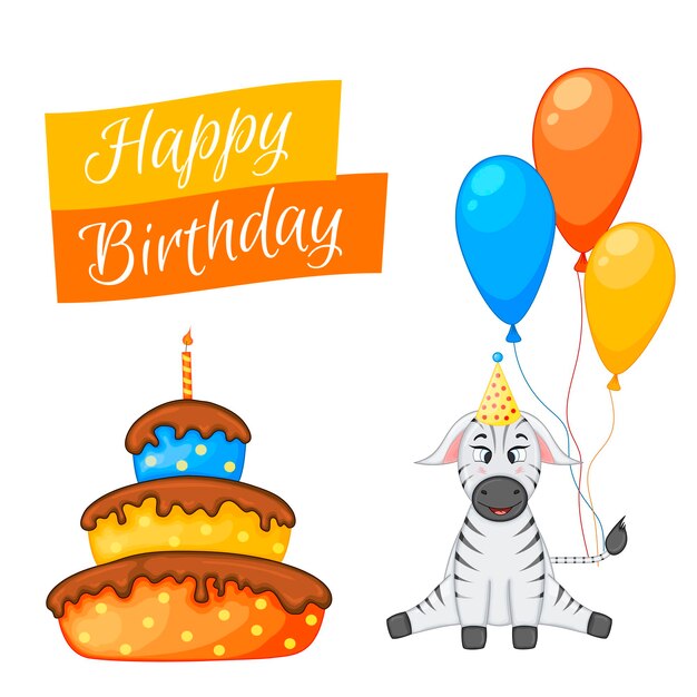 Party set met zebra en kleurrijke items op een witte achtergrond. Inscriptie "Happy Birthday". Veelkleurig. Vector.