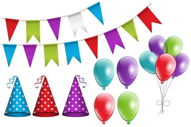Party set realistische kleurrijke bunting vlaggen gestippelde feestmutsen met lint gloeiende ballonnen