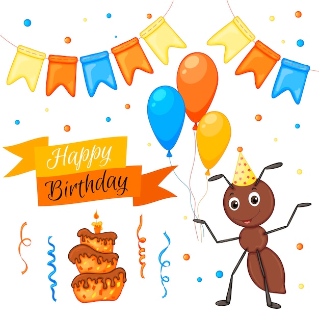 Party set with ant and colorful items on a white background inscription happy birthday multicolored vector