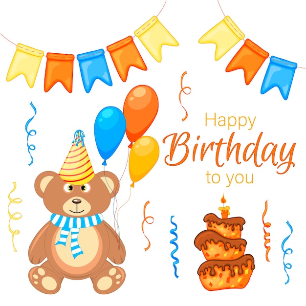 Vector party set with bear and colorful items on a white background inscription happy birthday multicolored vector