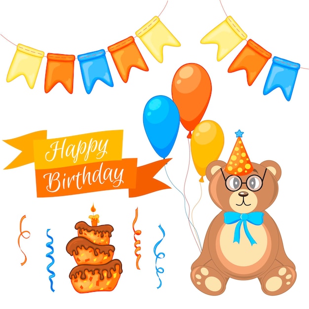 Party set with bear and colorful items on a white background inscription happy birthday multicolored vector