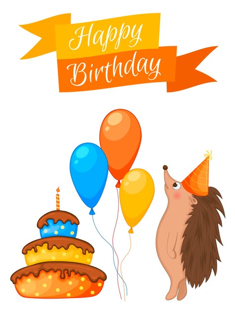 Party set with hedgehog and colorful items on a white background Inscription Happy Birthday Multicolored Vector