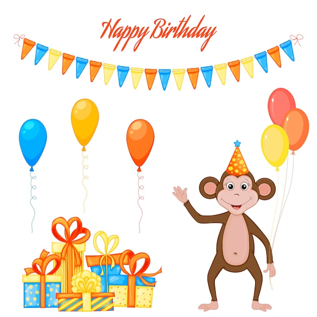 白い背景の上の猿とカラフルなアイテムで設定されたパーティー碑文お誕生日おめでとう色とりどりベクトル