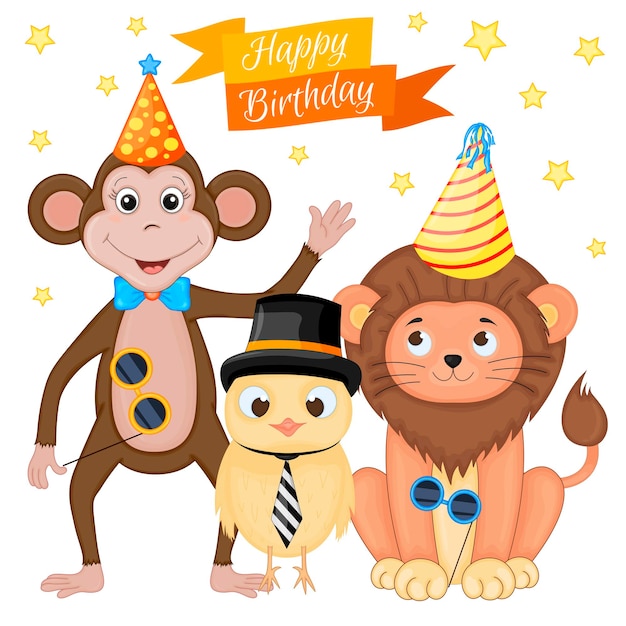 Vector party set with monkey and colorful items on a white background inscription happy birthday multicolored vector