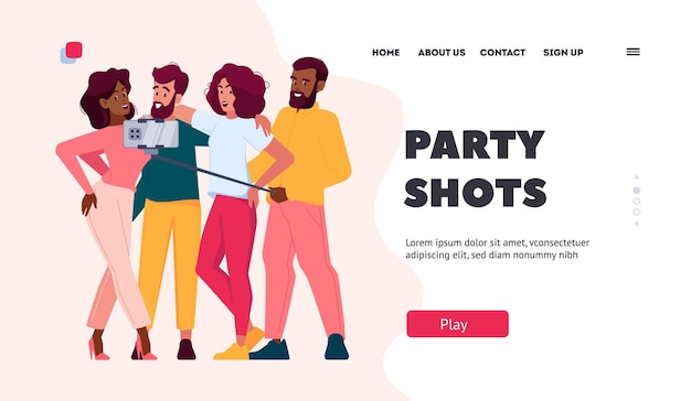 Vector party shots landing page template group of friends taking selfie smiling holding camera men and women together