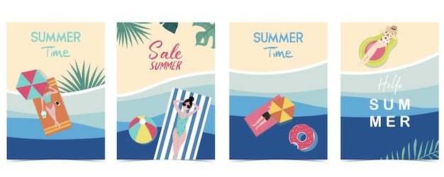 ベクトル 昼間の背景にプールとビーチとパーティー夏の時間のポストカード