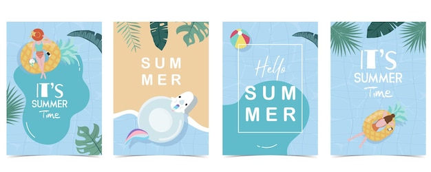 Vector party summer time postcard with pool and beach in the daytime background