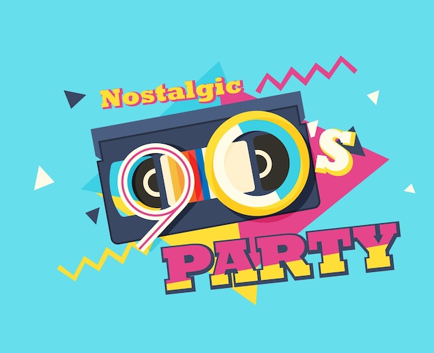 Vector party time the 90s style label vector illustration retro background