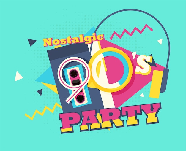 Vector party time the 90s style label vector illustration retro background