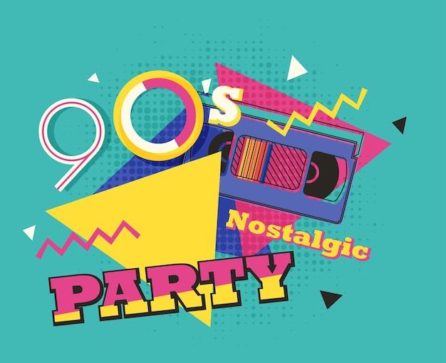 Vector party time the 90s style label vector illustration retro background