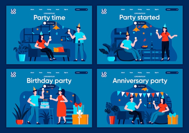 Party time flat landing pages set. friends celebrating, congratulating and gift presenting scenes for website or cms web page. party started, anniversary and birthday event illustration.
