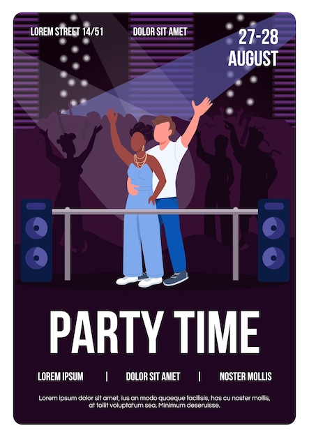 party time poster flat template. couple on fun date on musical concert