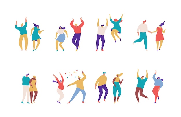 Векторный набор силуэтов танцующих людей, изолированных на белом