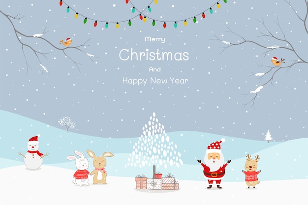 Party in the winter with Santa Claus and funny cartoon forest animals