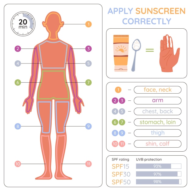 Vector pas de juiste zonnebrandcrème aan infographic over de juiste manier om spf aan te brengen memo om het bewustzijn te vergroten