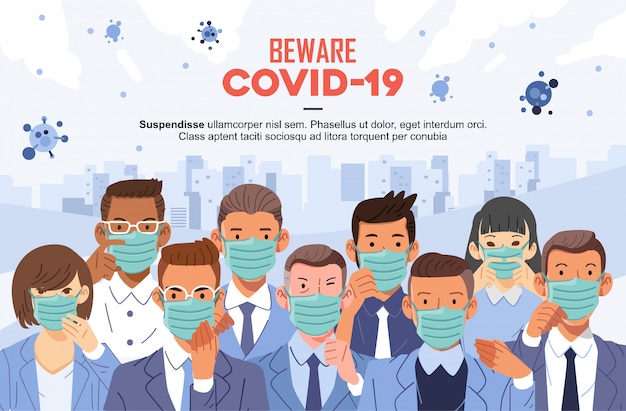 Pas op voor een covid 19-poster met veel mensen, jong en oud, met een masker voor zelfpreventie