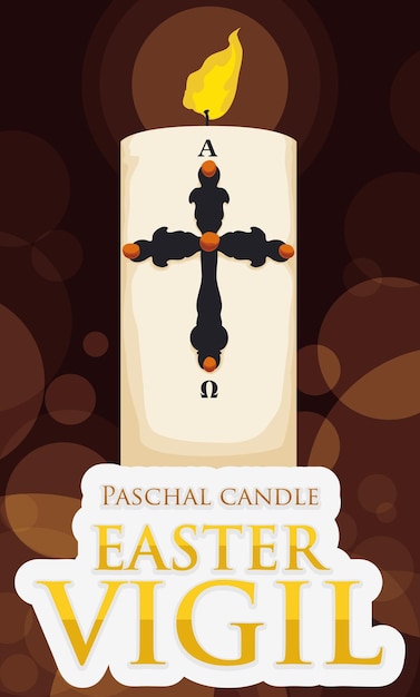 Vector paschal candle illuminating easter vigil event with golden sign