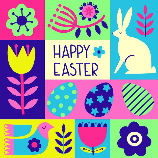 Pasen ansichtkaart met belettering Happy Easter Pasen moderne illustratie met bunny eieren vogel