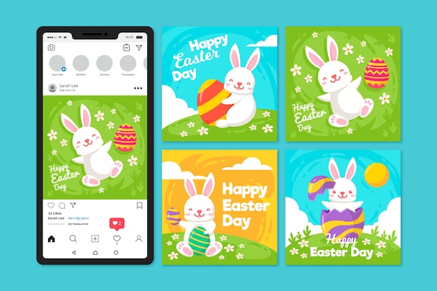 Vector pasen-dag instagram post met wit konijn op gras